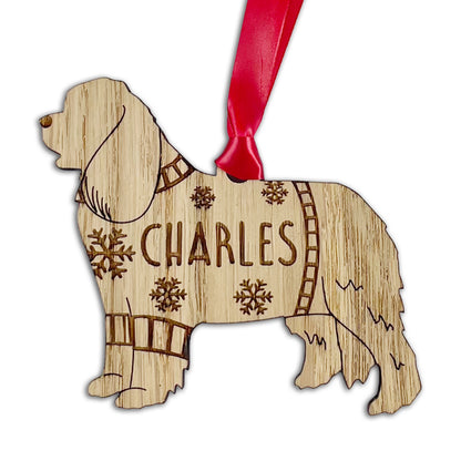 Personalised Cavalier Bauble Jumper Dog Bauble - Oak Veneer Wood - Add any name