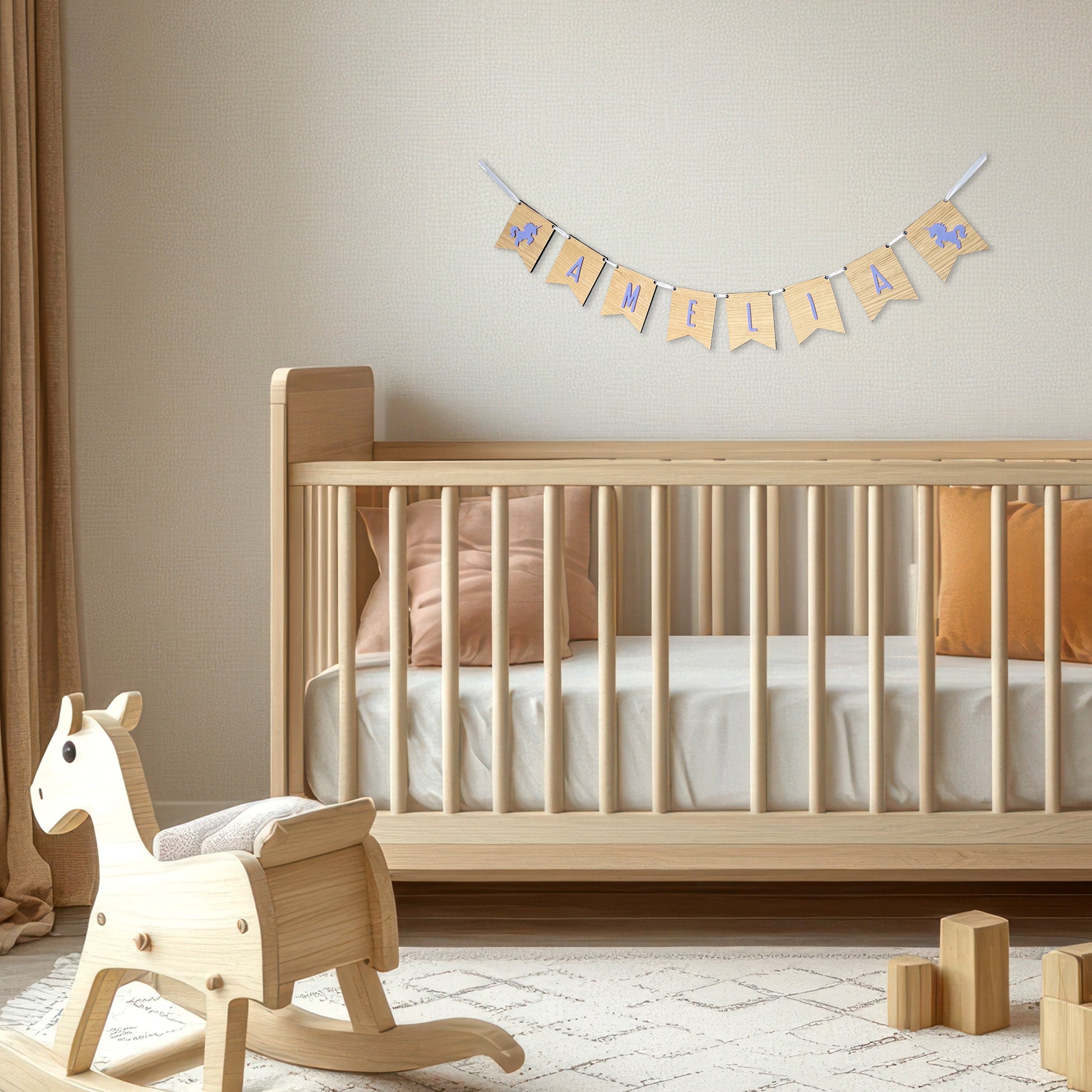 Personalised Oak Wood Name Bunting with Unicorns - Nursery or Child's Room Decor - Add any Name!