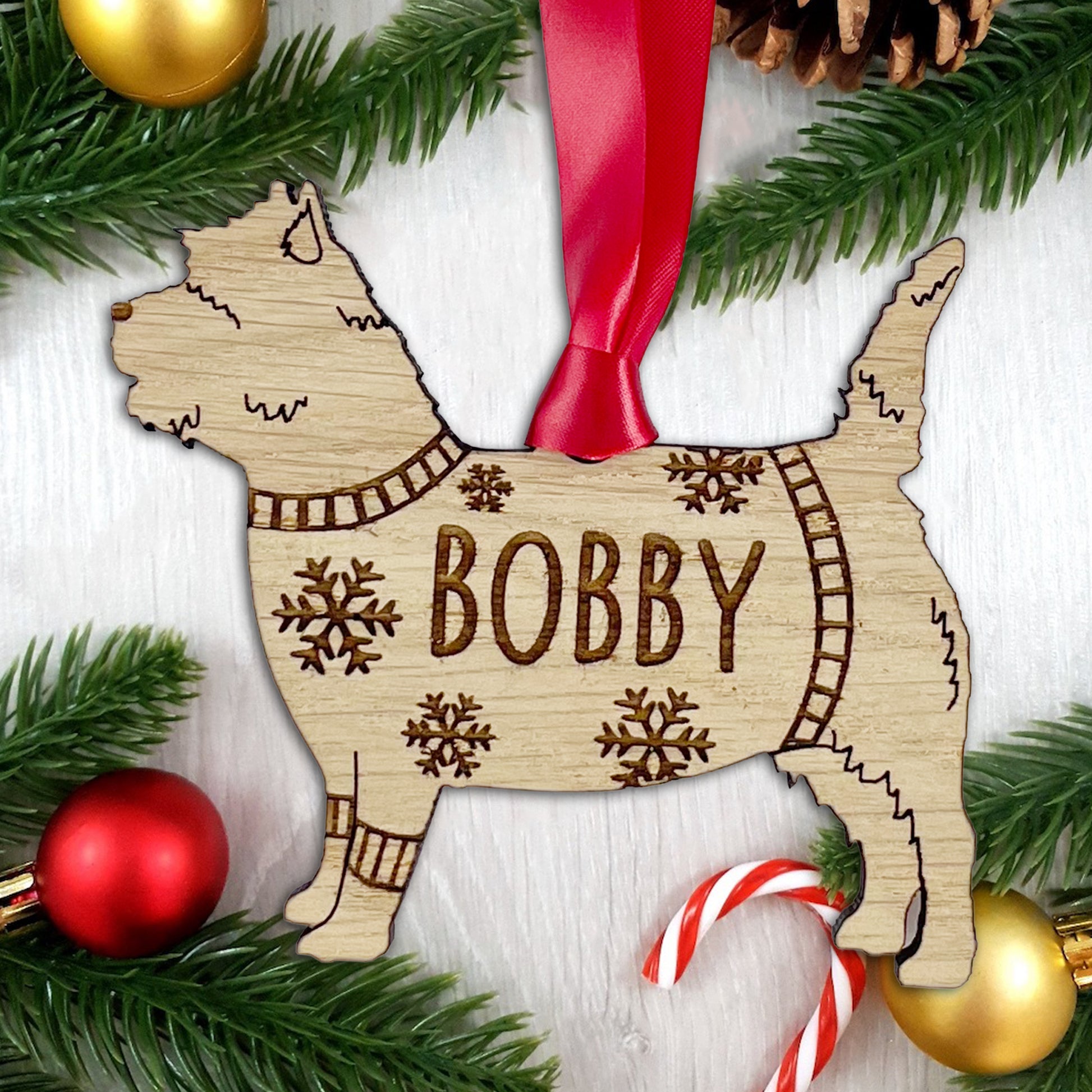 Personalised Cairn Terrier Bauble Jumper Dog Bauble - Oak Veneer Wood - Add any name