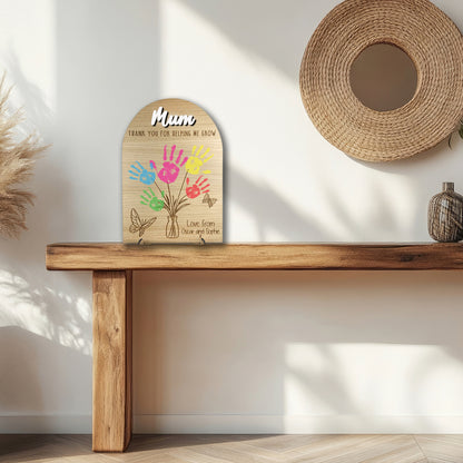 Personalised Mum Handprint Plaque, Thank You For Helping Me Grow Wooden Gift, Mother’s Day Present from Kids, Mum Birthday Keepsake Sign