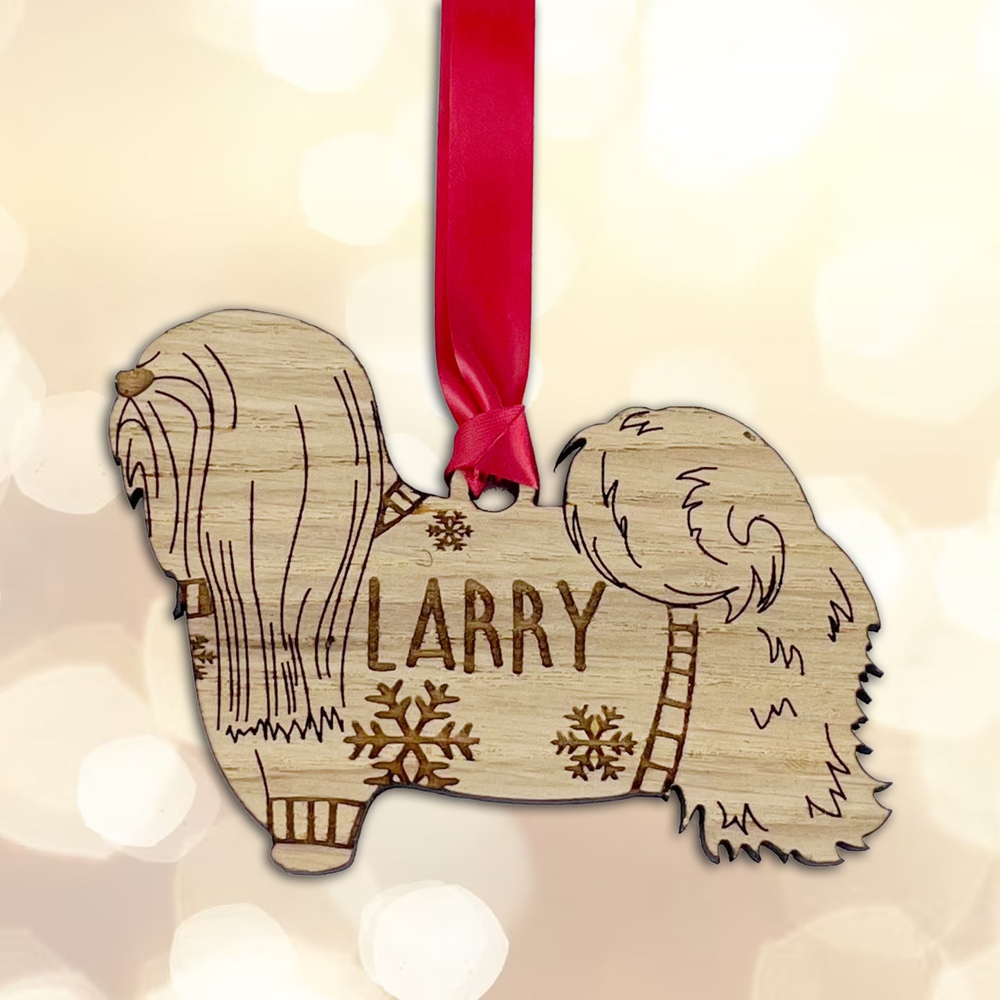Personalised Lhasa Apso Bauble Jumper Dog Bauble - Oak Veneer Wood - Add any name