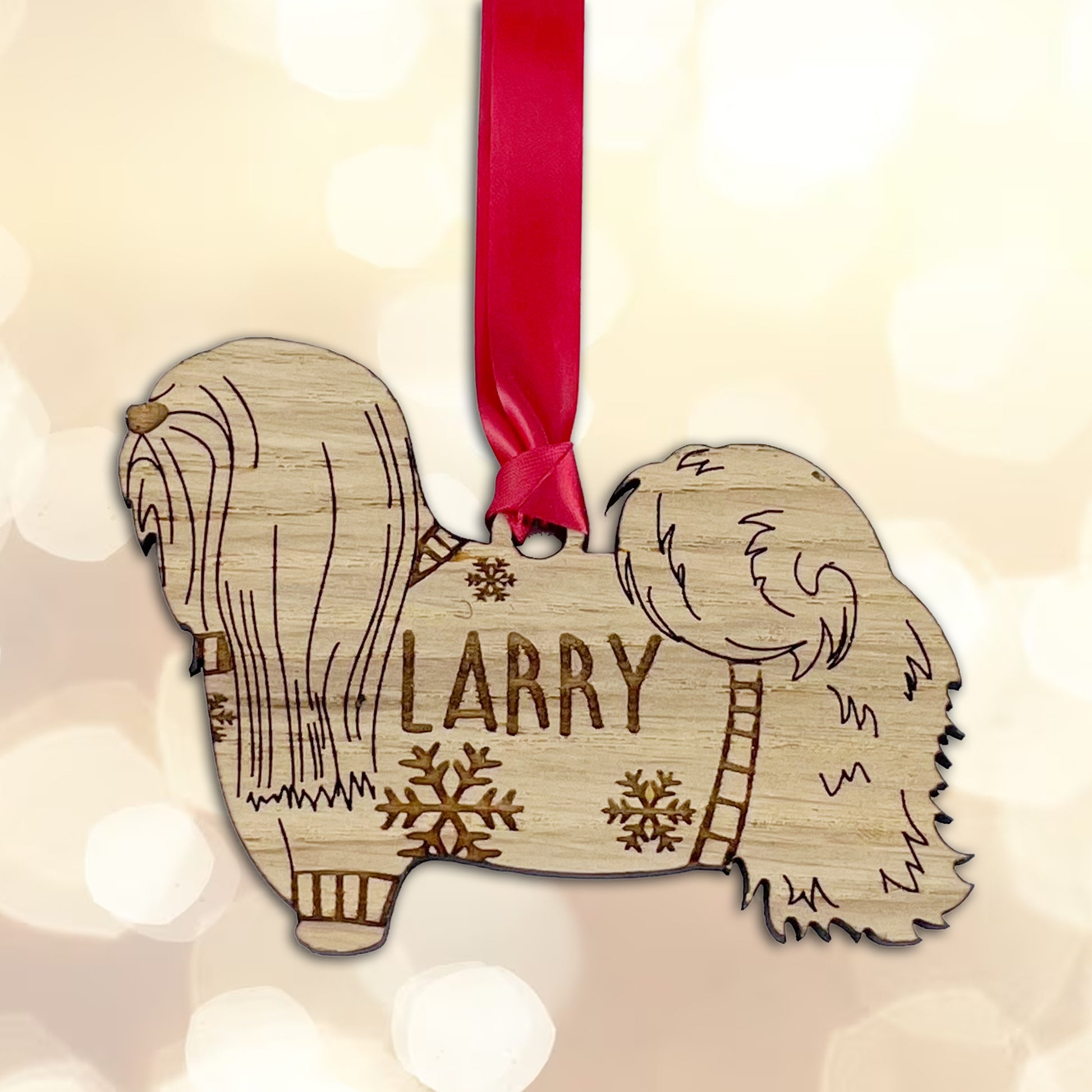 Personalised Lhasa Apso Bauble Jumper Dog Bauble - Oak Veneer Wood - Add any name