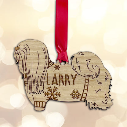 Personalised Lhasa Apso Bauble Jumper Dog Bauble - Oak Veneer Wood - Add any name