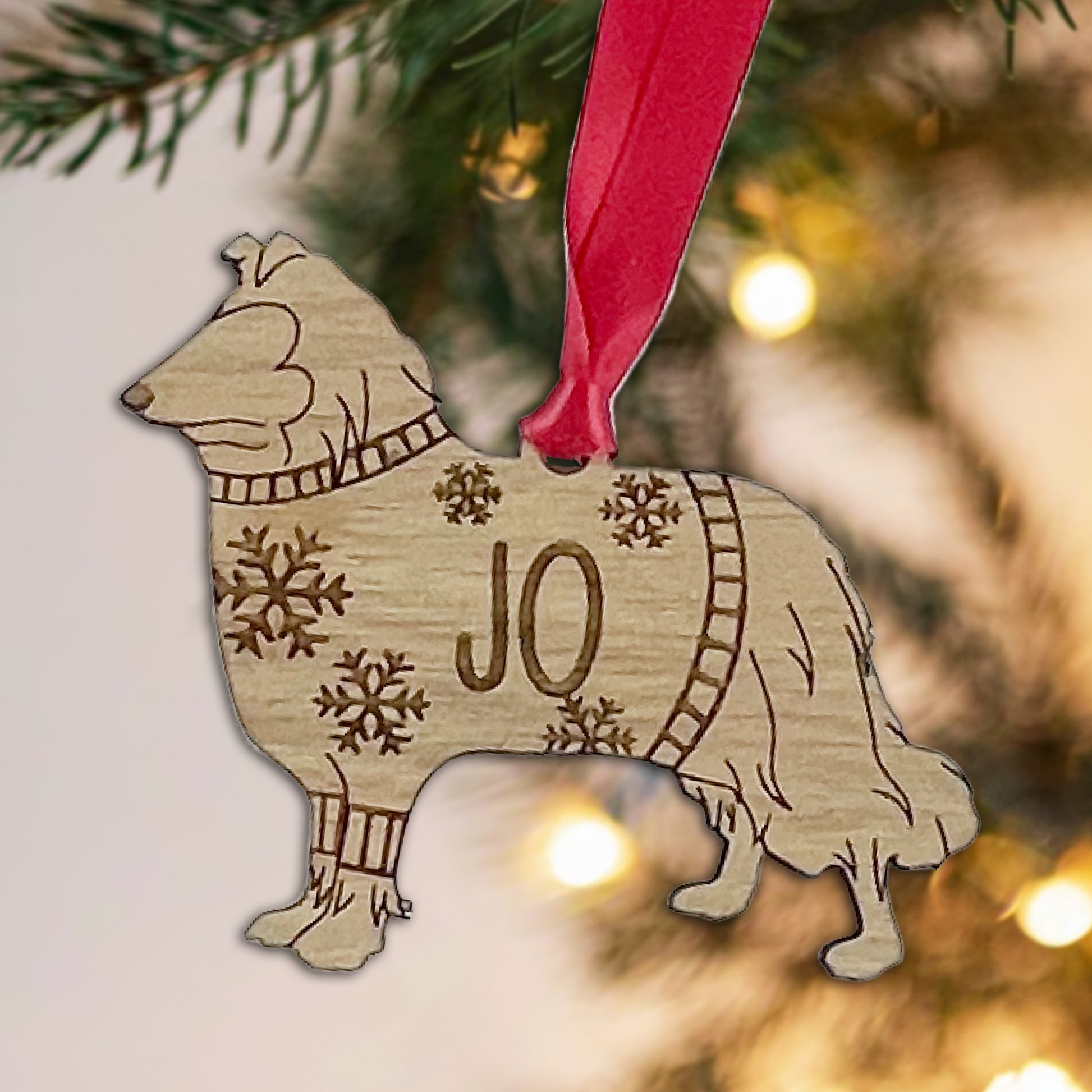 Personalised Rough Collie Bauble Jumper Dog Bauble - Oak Veneer Wood - Add any name