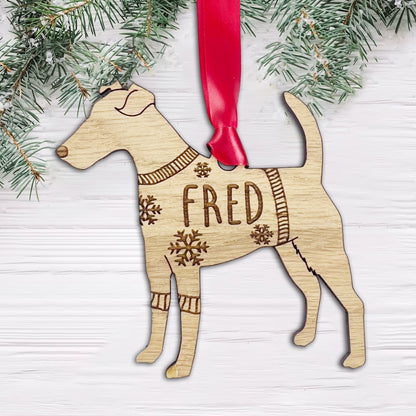 Personalised Fox Terrier Bauble Jumper Dog Bauble - Oak Veneer Wood - Add any name