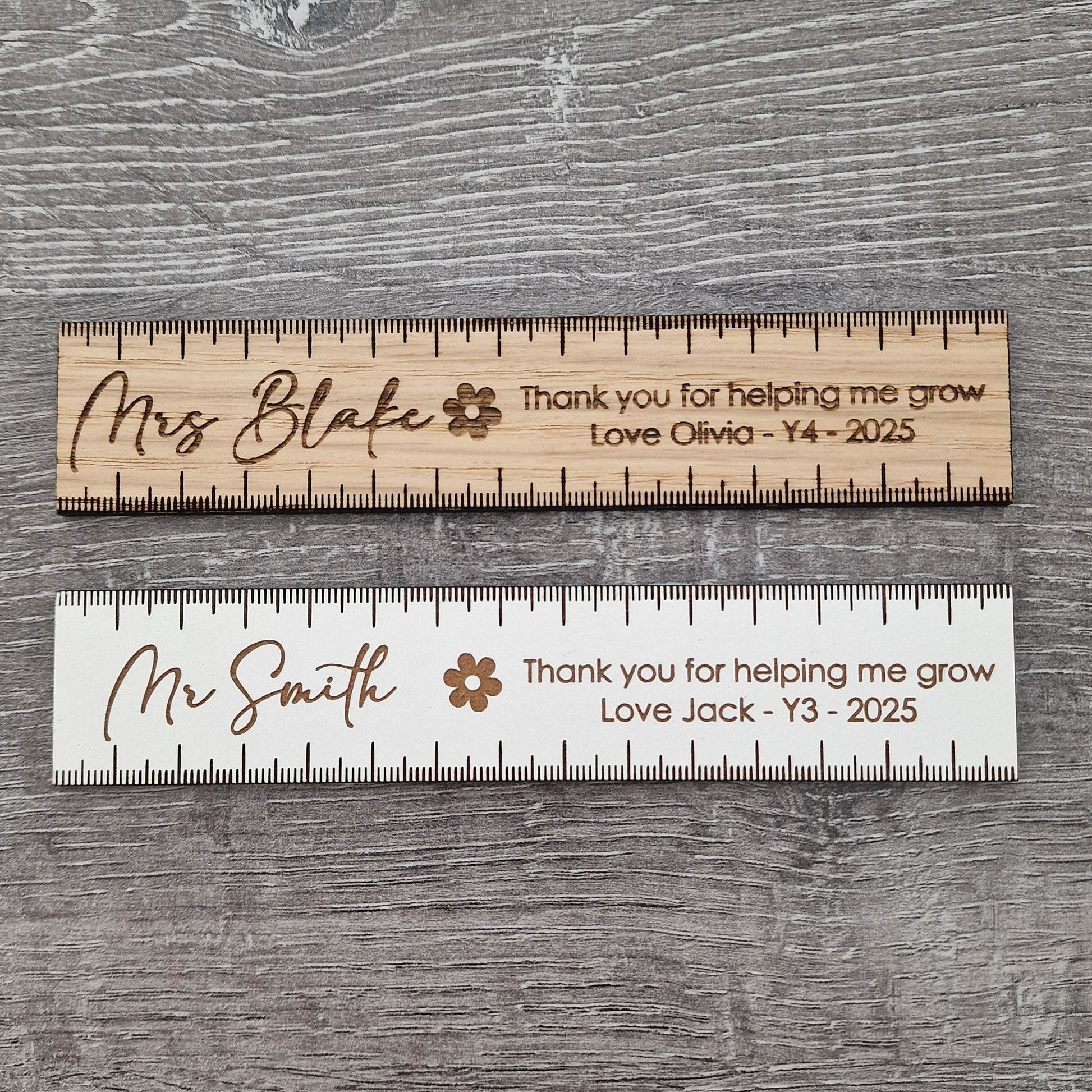 Personalised Wooden Teacher 15cm Ruler – Thank You for Helping Me Grow Gift – Engraved Name, Class & Year – Sustainable Oak or White Wood