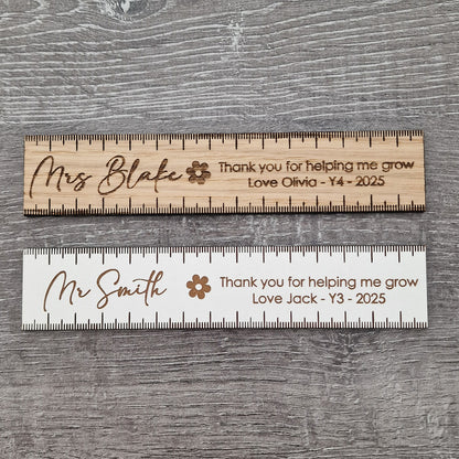 Personalised Wooden Teacher 15cm Ruler – Thank You for Helping Me Grow Gift – Engraved Name, Class & Year – Sustainable Oak or White Wood