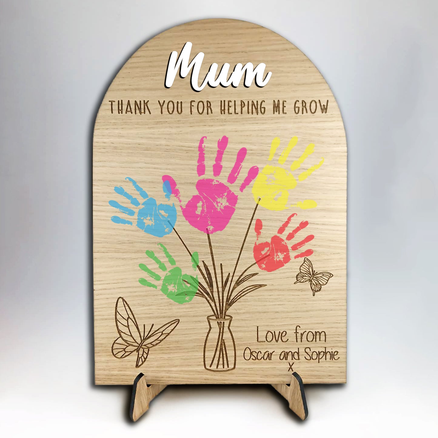 Personalised Mum Handprint Plaque, Thank You For Helping Me Grow Wooden Gift, Mother’s Day Present from Kids, Mum Birthday Keepsake Sign