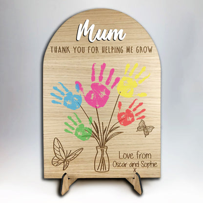 Personalised Mum Handprint Plaque, Thank You For Helping Me Grow Wooden Gift, Mother’s Day Present from Kids, Mum Birthday Keepsake Sign