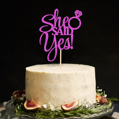 She Said Yes Cake Topper Glitter Card Bride Wedding Engagement Party Cake Decorations | Rose Gold Pink Red Blue Black Silver & More
