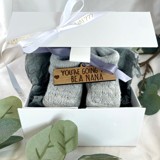 Guess What' Booties - Grey & Gift Boxed - "You're Going to Be..." - A Nana