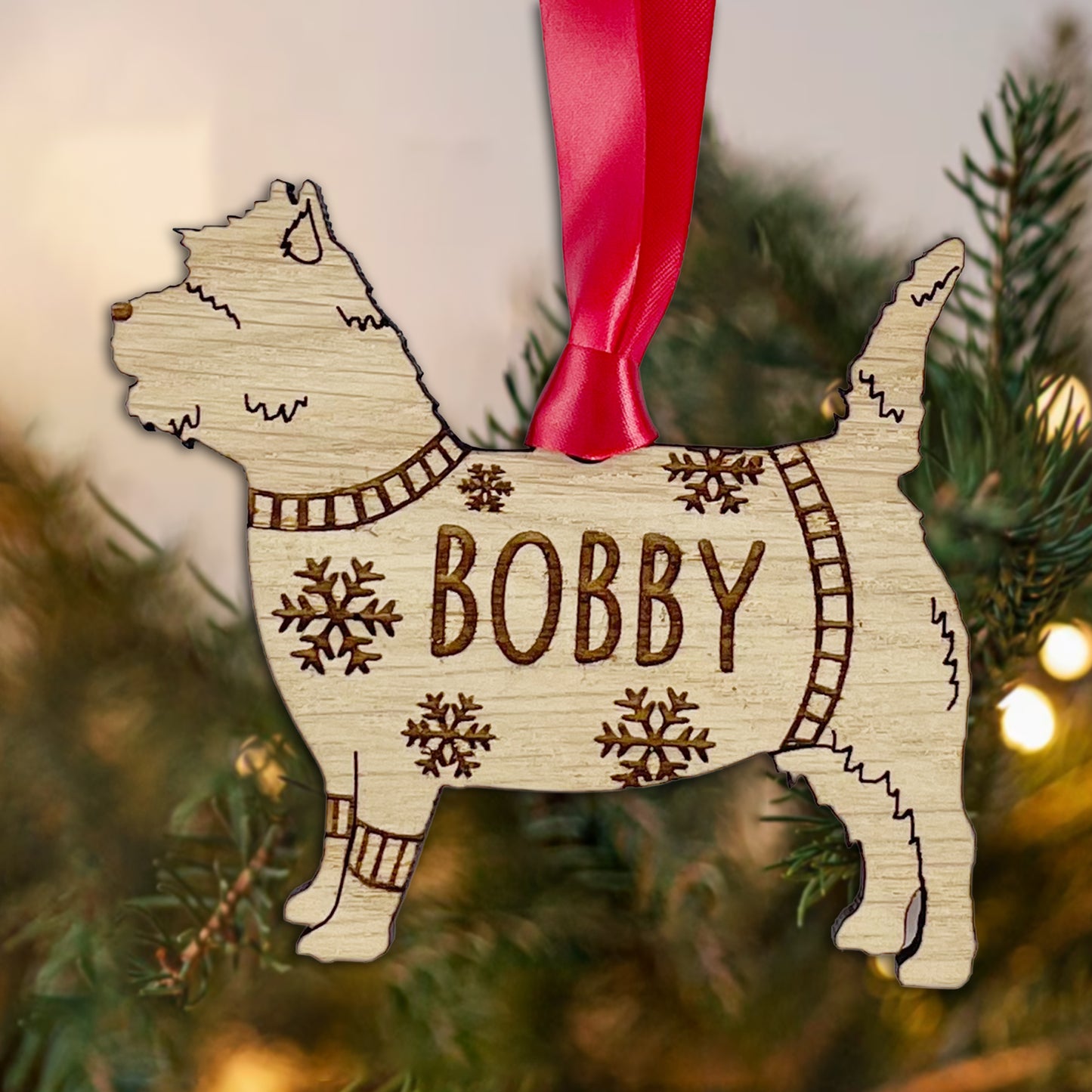 Personalised Cairn Terrier Bauble Jumper Dog Bauble - Oak Veneer Wood - Add any name