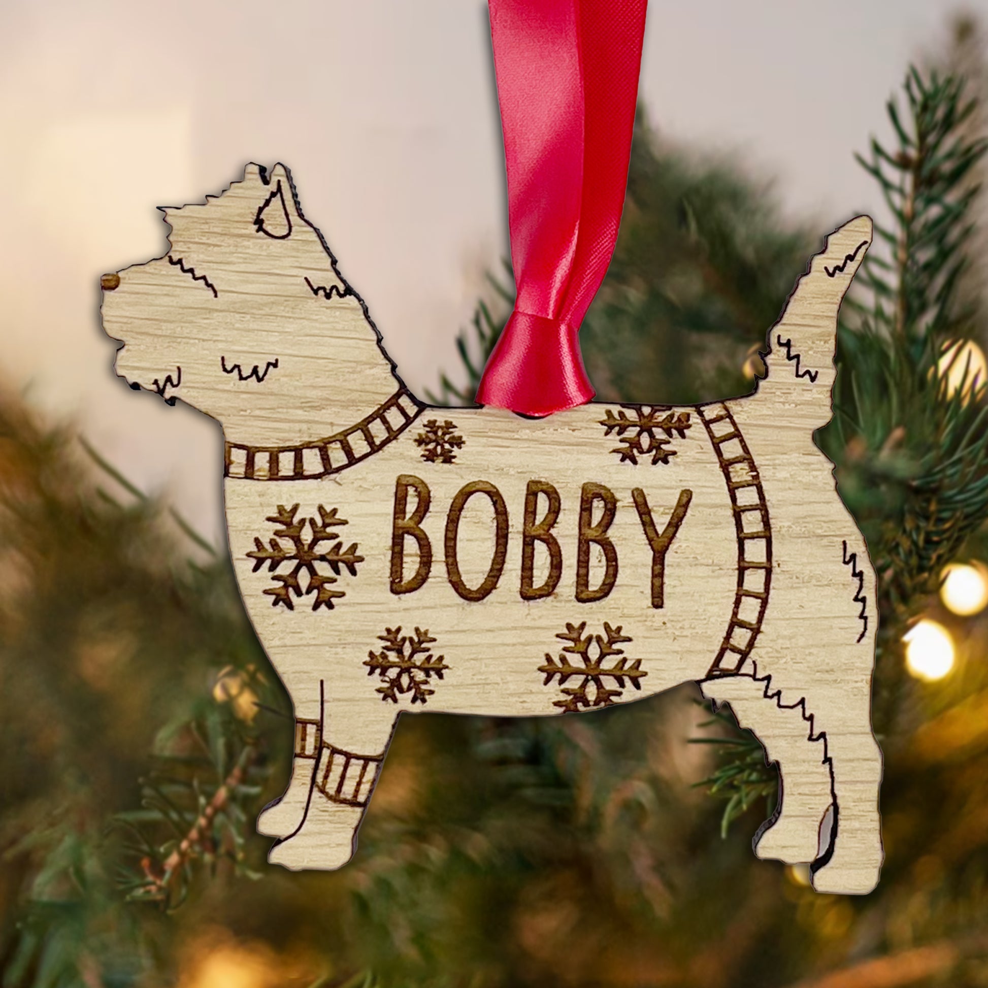 Personalised Cairn Terrier Bauble Jumper Dog Bauble - Oak Veneer Wood - Add any name