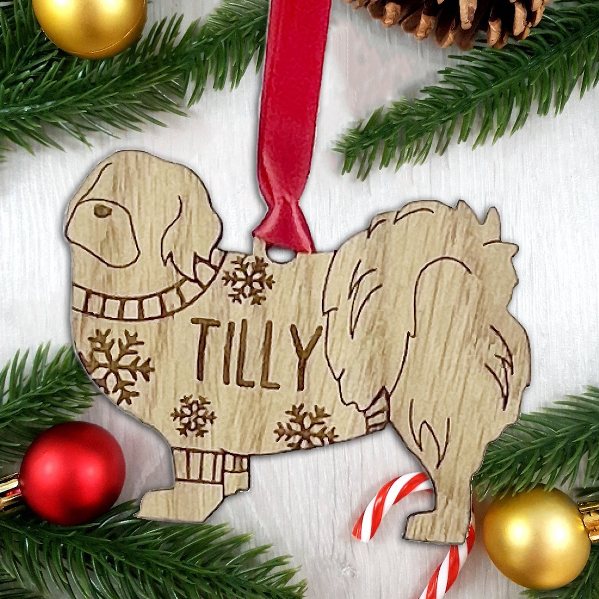 Personalised Tibetan Spaniel Bauble Jumper Dog Bauble - Oak Veneer Wood - Add any name