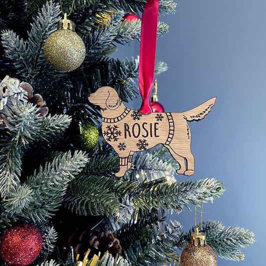 Personalised Golden Retriever Bauble Jumper Dog Bauble - Oak Veneer Wood - Add any name