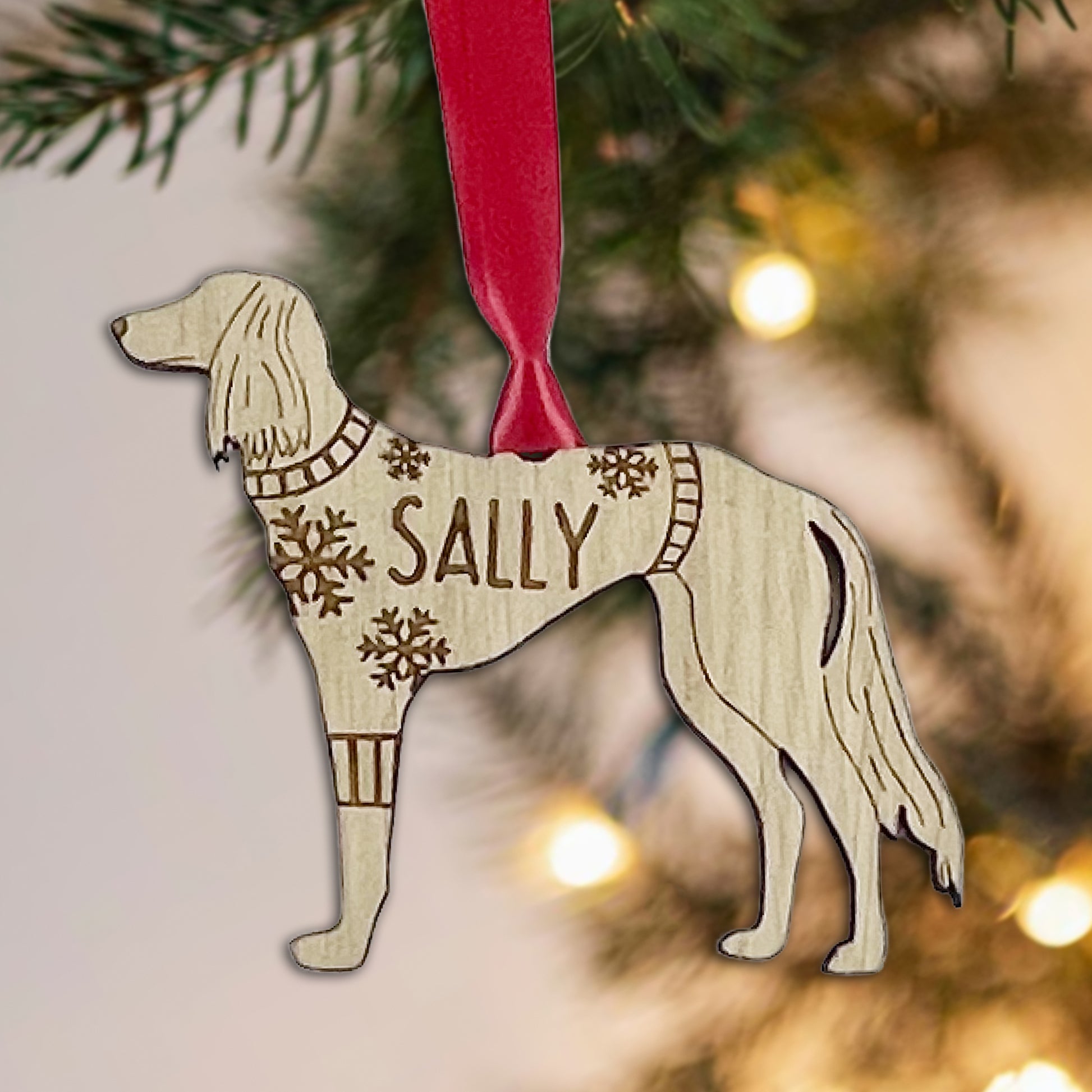 Personalised Saluki Bauble Jumper Dog Bauble - Oak Veneer Wood - Add any name