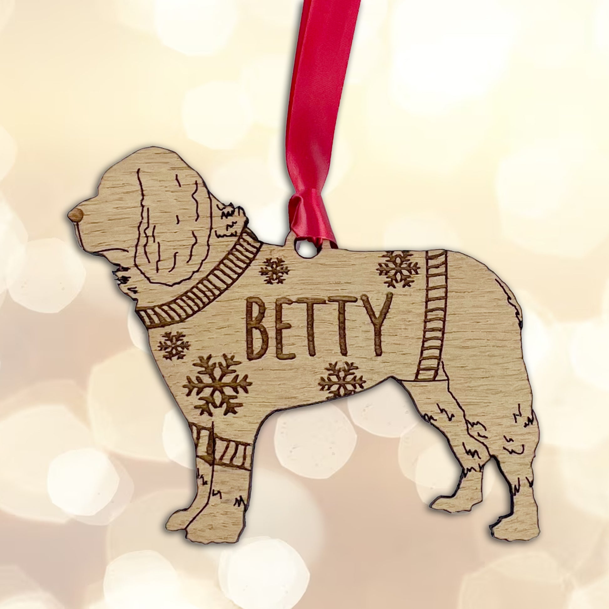 Personalised Newfoundland Bauble Jumper Dog Bauble - Oak Veneer Wood - Add any name