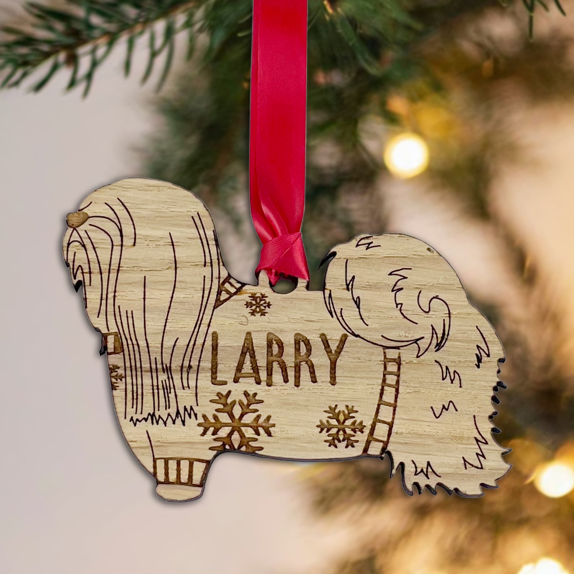 Personalised Lhasa Apso Bauble Jumper Dog Bauble - Oak Veneer Wood - Add any name