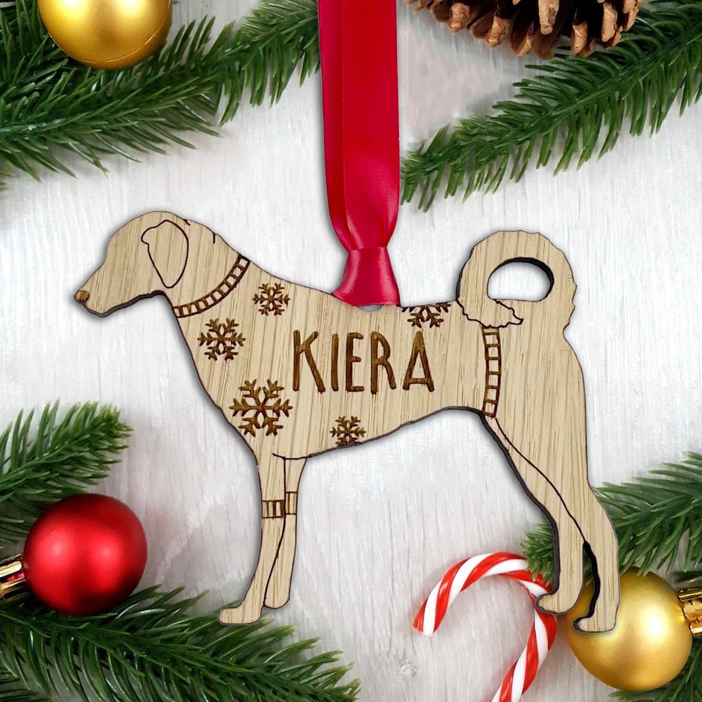 Personalised Kangal Bauble Jumper Dog Bauble - Oak Veneer Wood - Add any name
