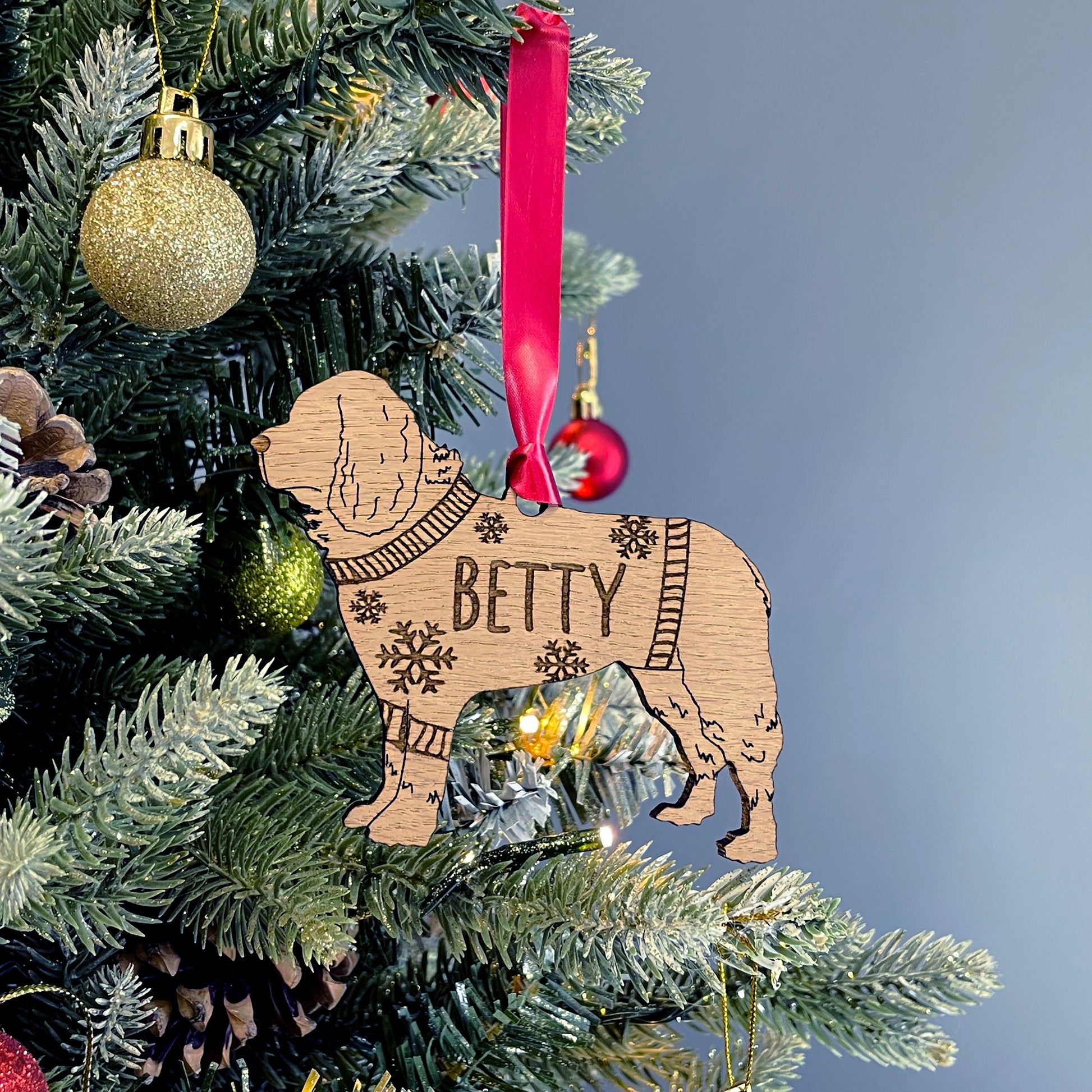 Personalised Newfoundland Bauble Jumper Dog Bauble - Oak Veneer Wood - Add any name