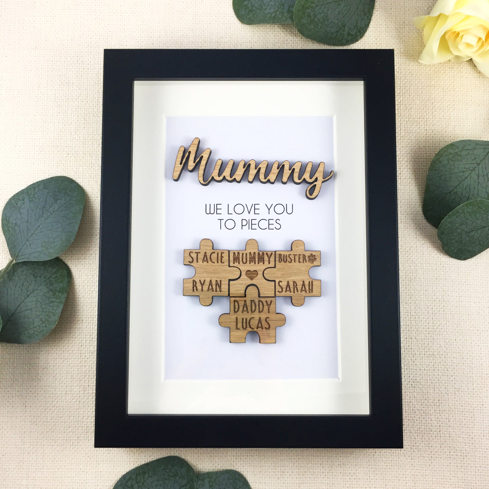 Personalised Mum / Mummy 'We Love You To Pieces' Wooden Mothers Day Christmas Birthday Puzzle Pieces Family Box Frame Add your family names