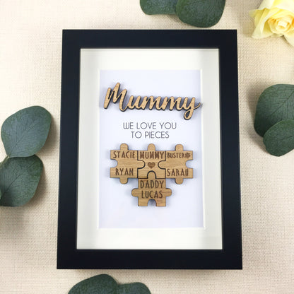 Personalised Mum / Mummy 'We Love You To Pieces' Wooden Mothers Day Christmas Birthday Puzzle Pieces Family Box Frame Add your family names
