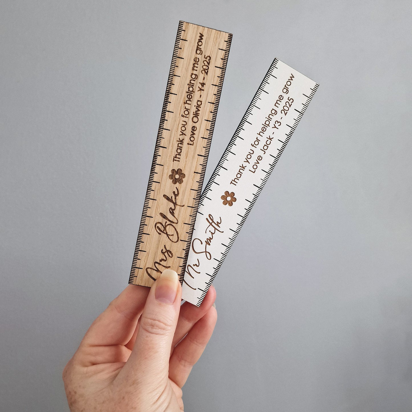 Personalised Wooden Teacher 15cm Ruler – Thank You for Helping Me Grow Gift – Engraved Name, Class & Year – Sustainable Oak or White Wood