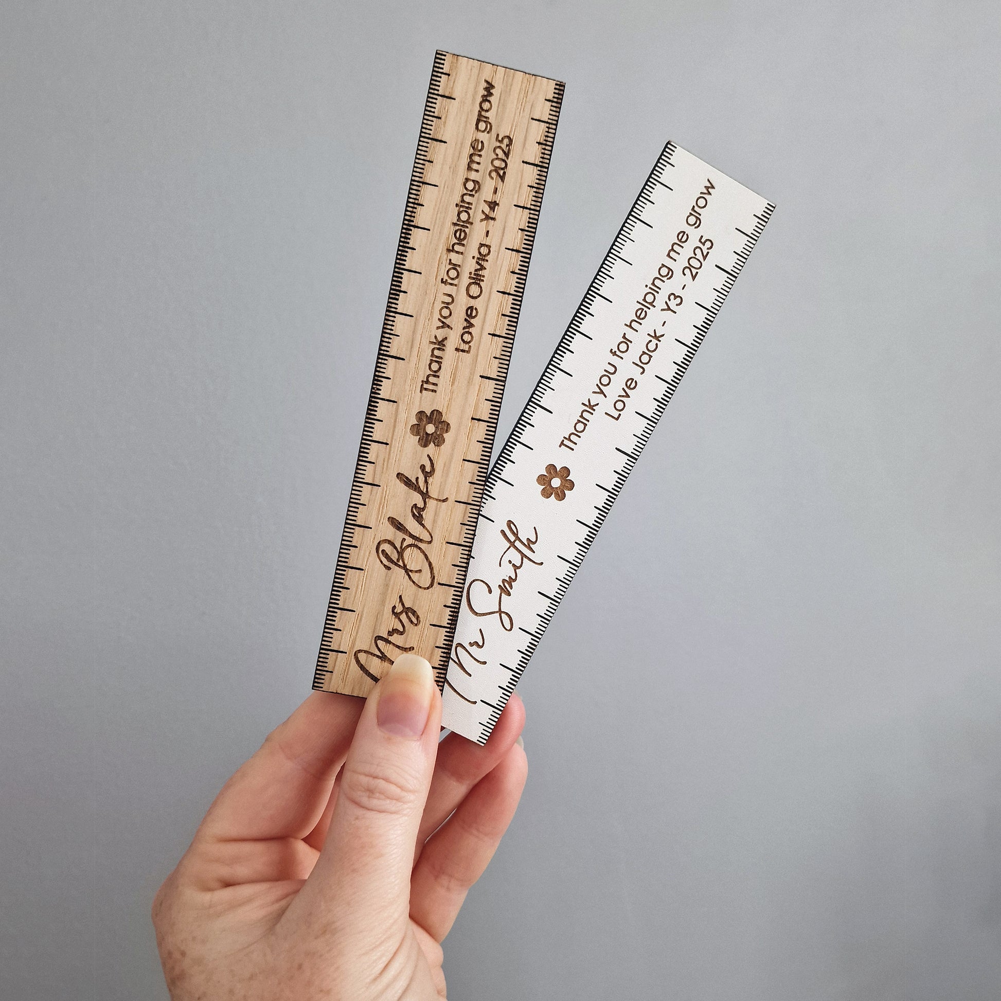Personalised Wooden Teacher 15cm Ruler – Thank You for Helping Me Grow Gift – Engraved Name, Class & Year – Sustainable Oak or White Wood