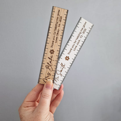 Personalised Wooden Teacher 15cm Ruler – Thank You for Helping Me Grow Gift – Engraved Name, Class & Year – Sustainable Oak or White Wood