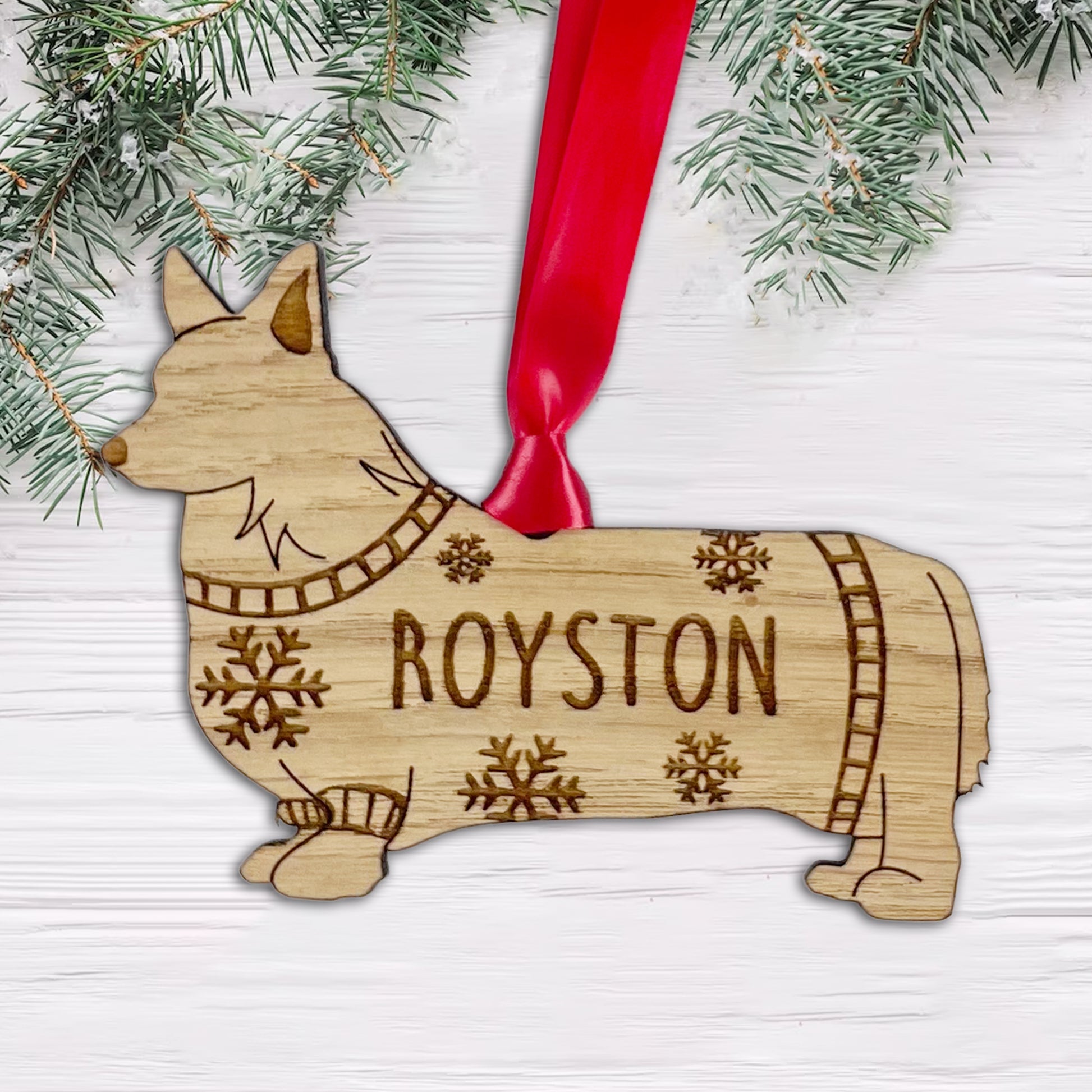 Personalised Corgi Bauble Jumper Dog Bauble - Oak Veneer Wood - Add any name