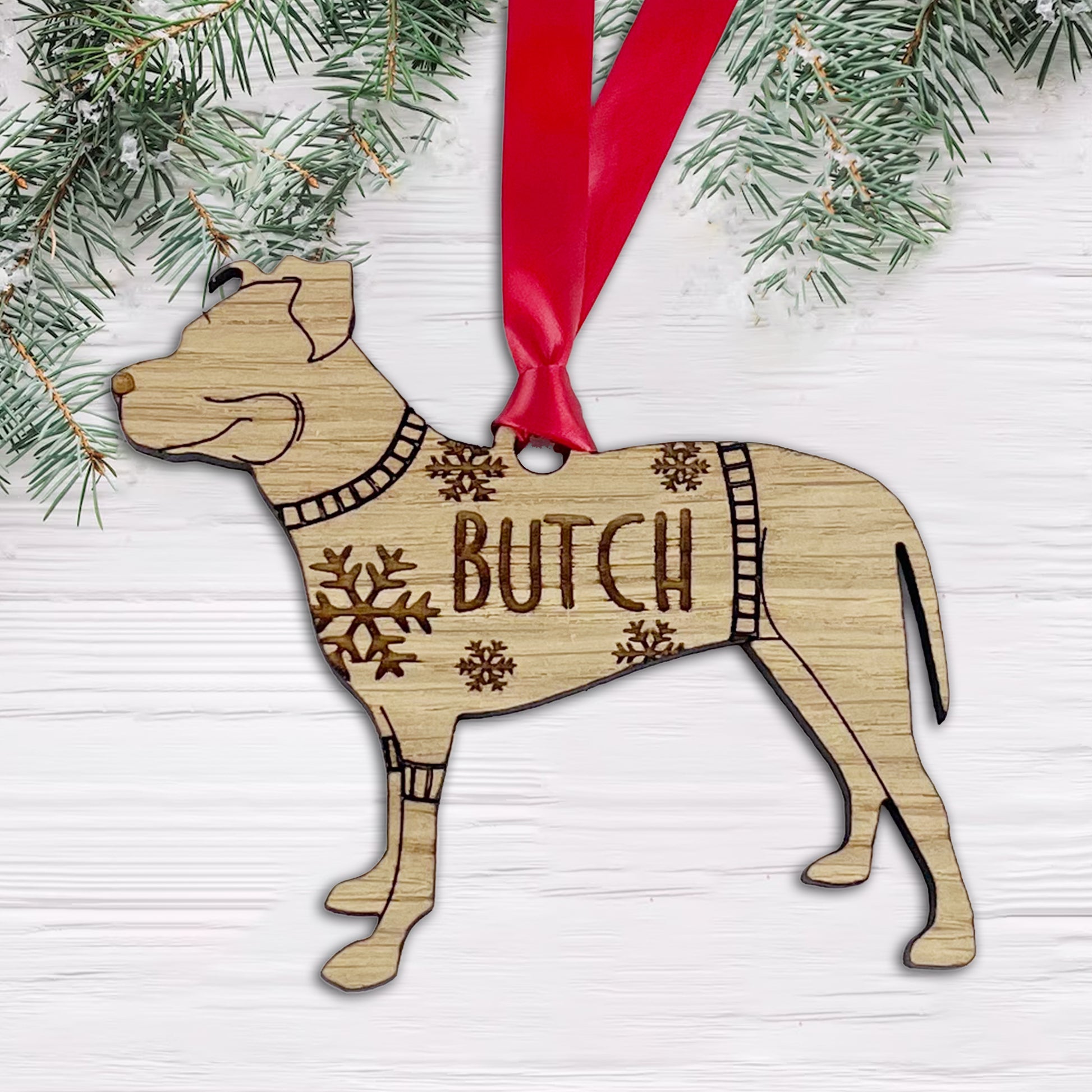Personalised Pitbull Bauble Jumper Dog Bauble - Oak Veneer Wood - Add any name