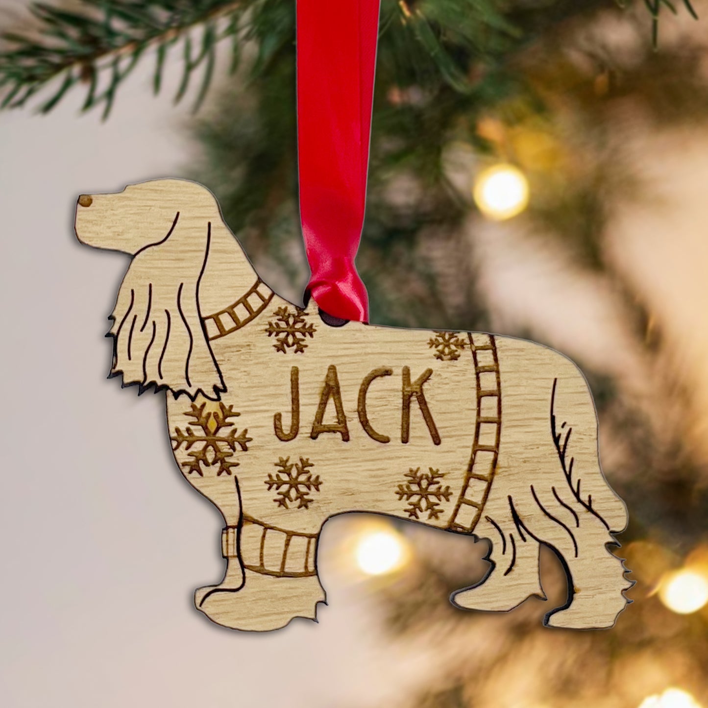 Personalised Cocker Spaniel Bauble Jumper Dog Bauble - Oak Veneer Wood - Add any name