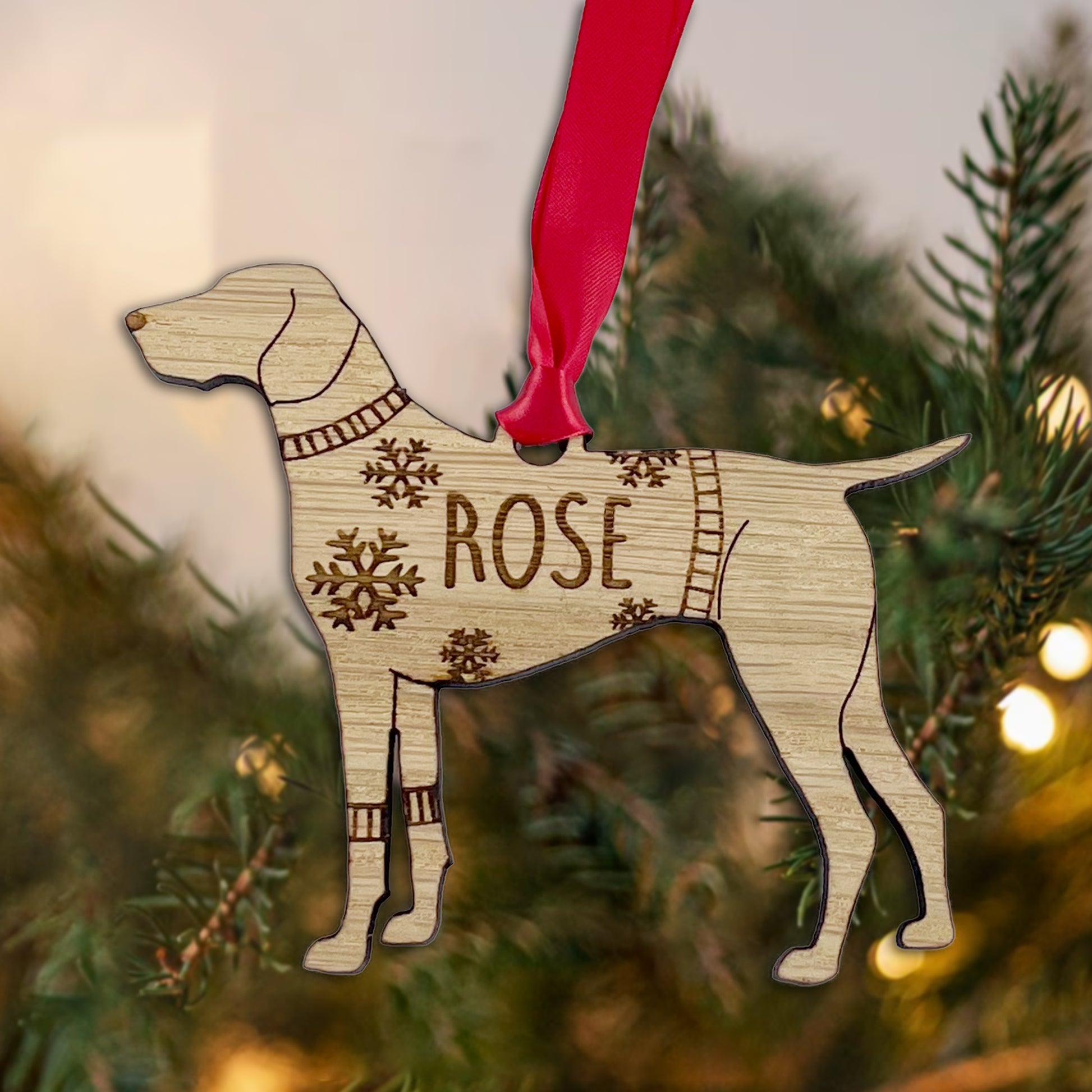 Personalised Pointer Bauble Jumper Dog Bauble - Oak Veneer Wood - Add any name