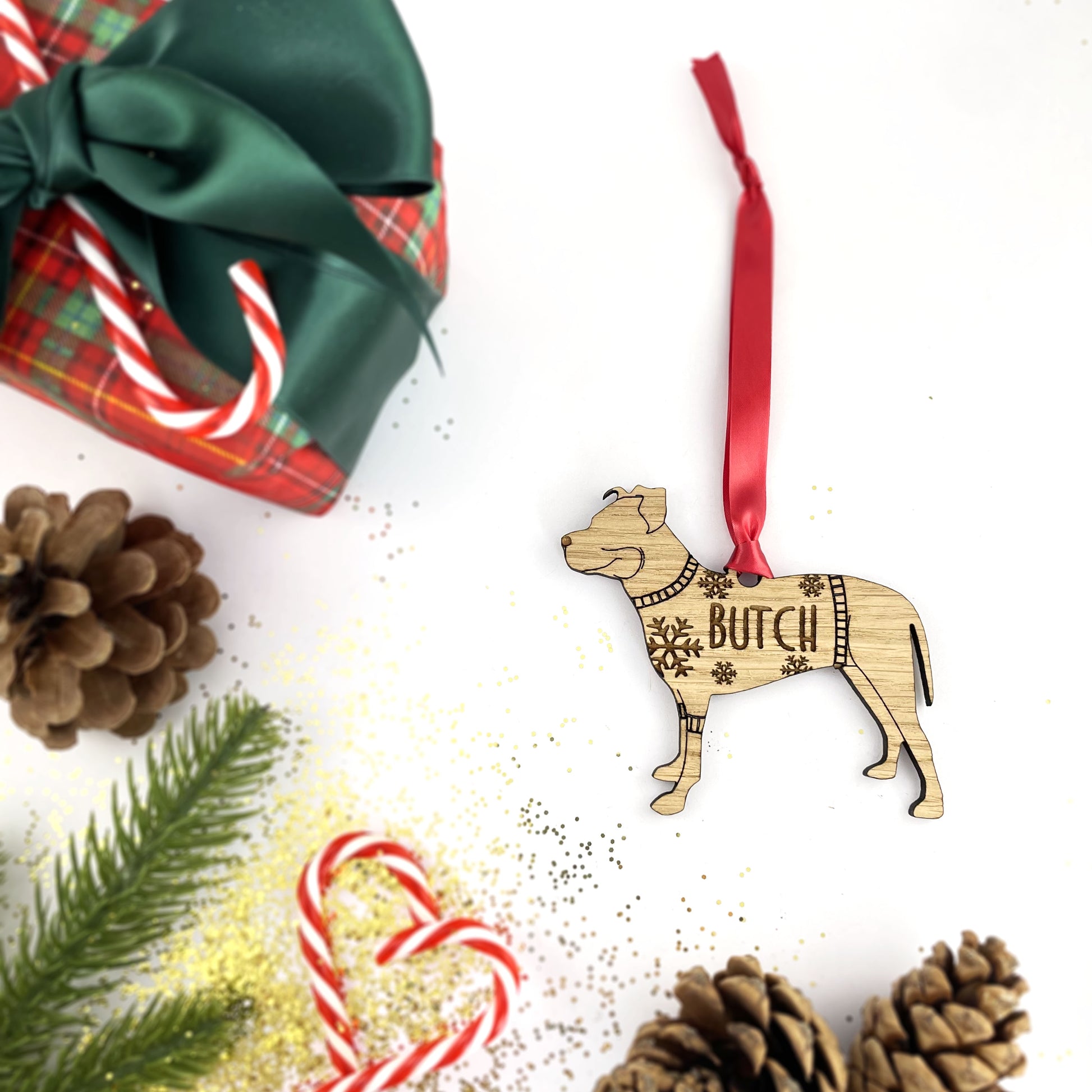 Personalised Pitbull Bauble Jumper Dog Bauble - Oak Veneer Wood - Add any name