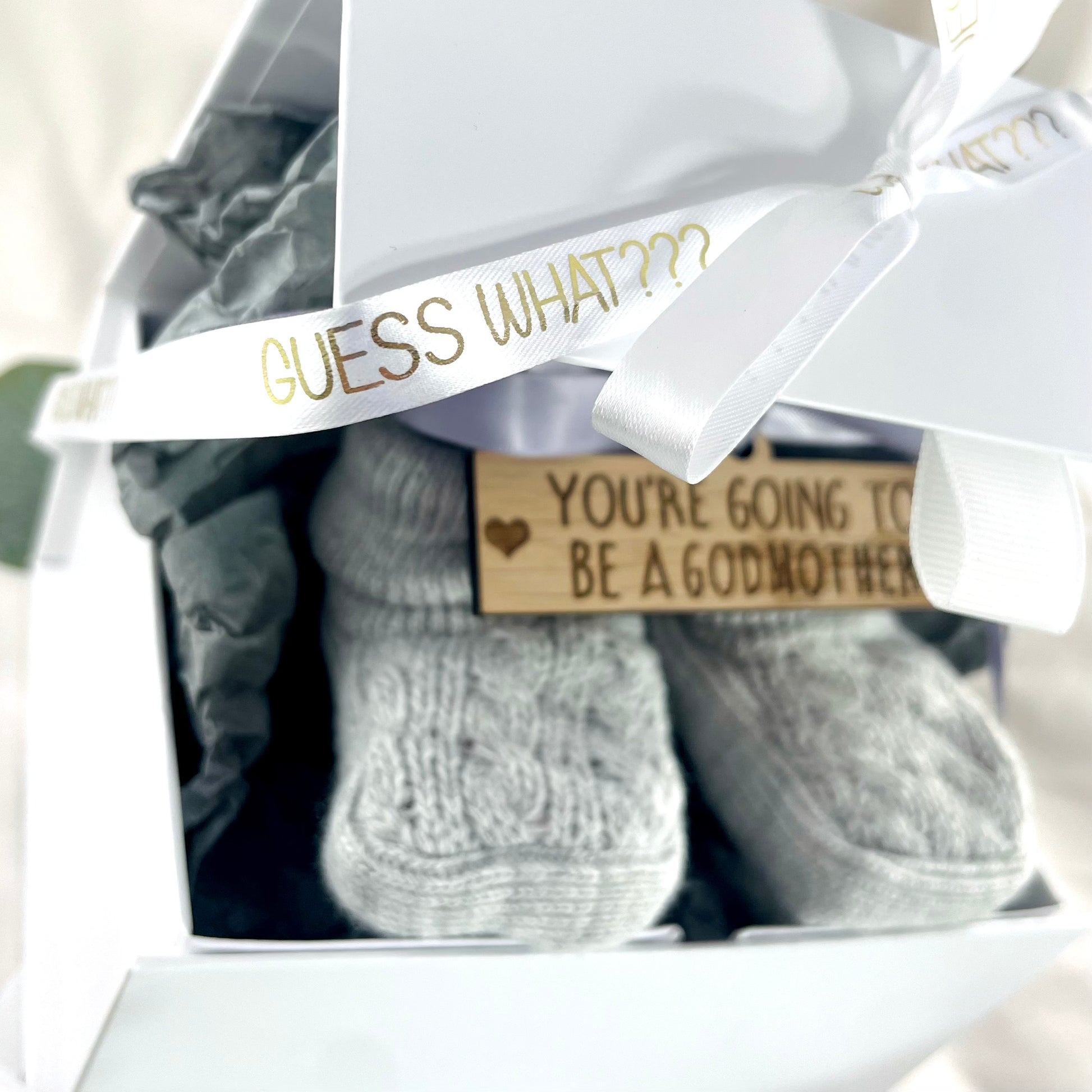 Guess What' Booties - Grey & Gift Boxed - "You're Going to Be..." - A Godmother