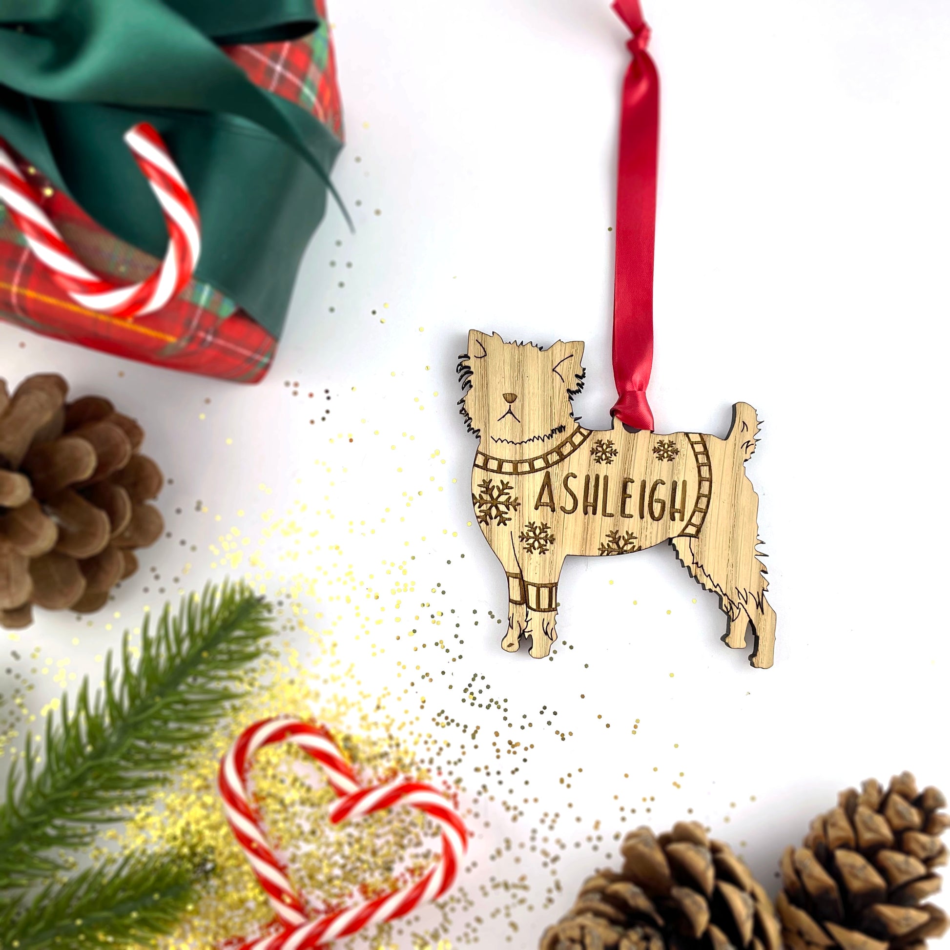 Personalised Affenpinscher Bauble Jumper Dog Bauble - Oak Veneer Wood - Add any name