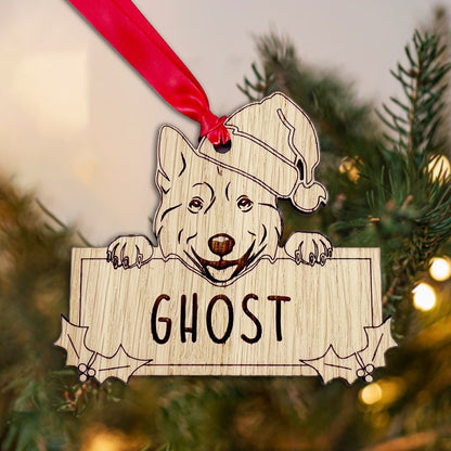 Personalised Husky Dog Bauble - Peeking Dog - Oak Veneer Wood - Add your own name!