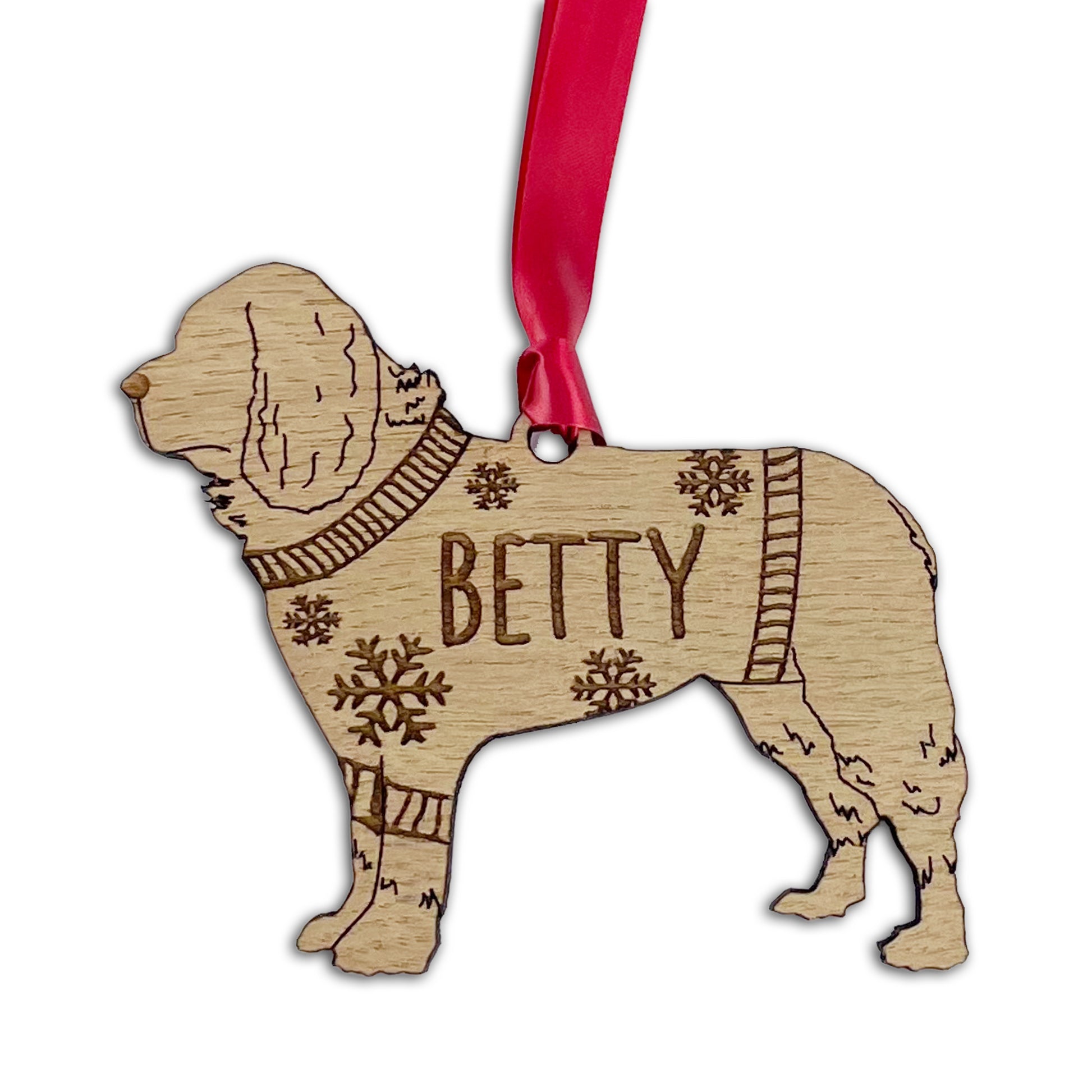 Personalised Newfoundland Bauble Jumper Dog Bauble - Oak Veneer Wood - Add any name
