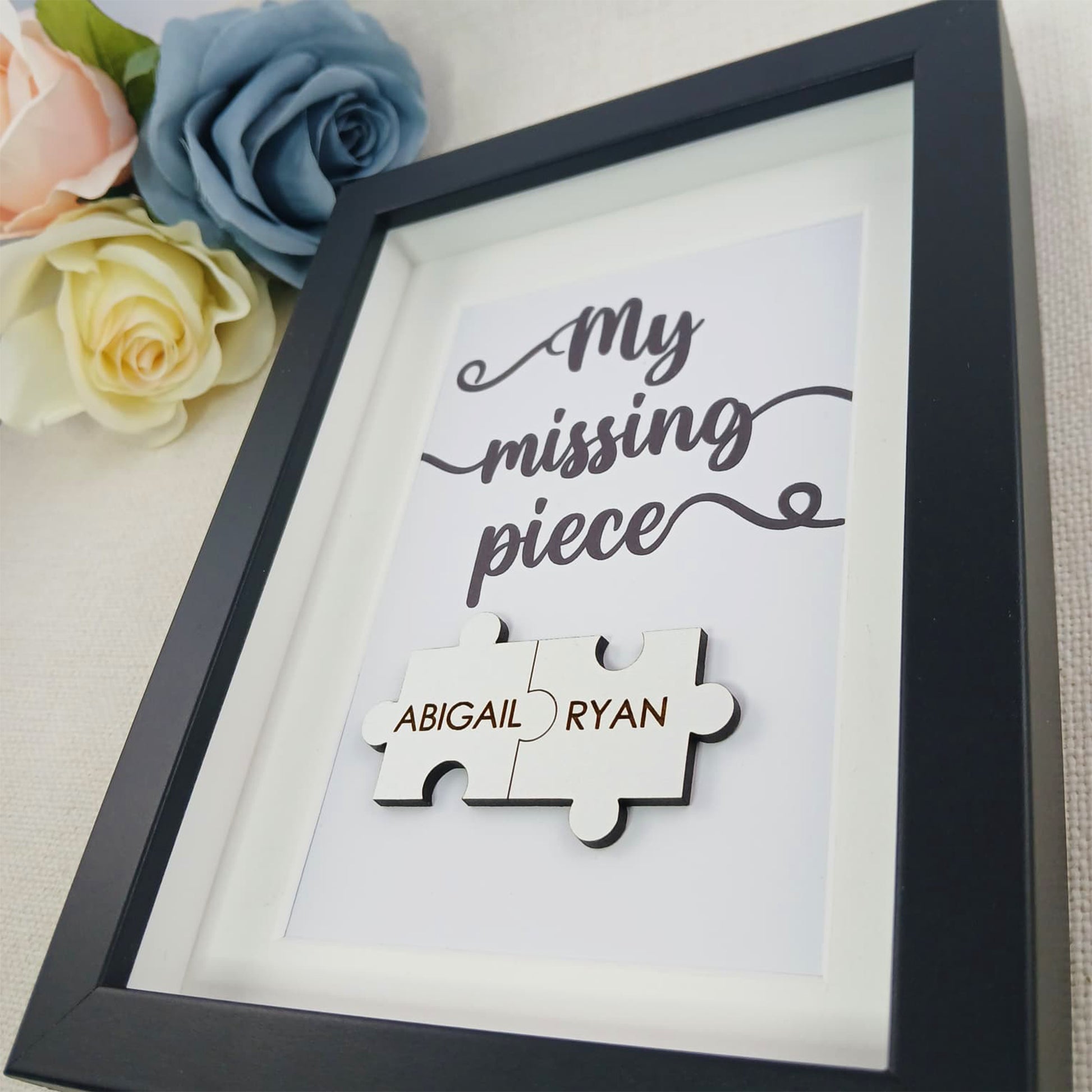 Personalised Wooden 'My Missing Piece' Valentine's Day Puzzle Pieces Couple Box Frame - Add your names - Anniversary or Birthday Gift
