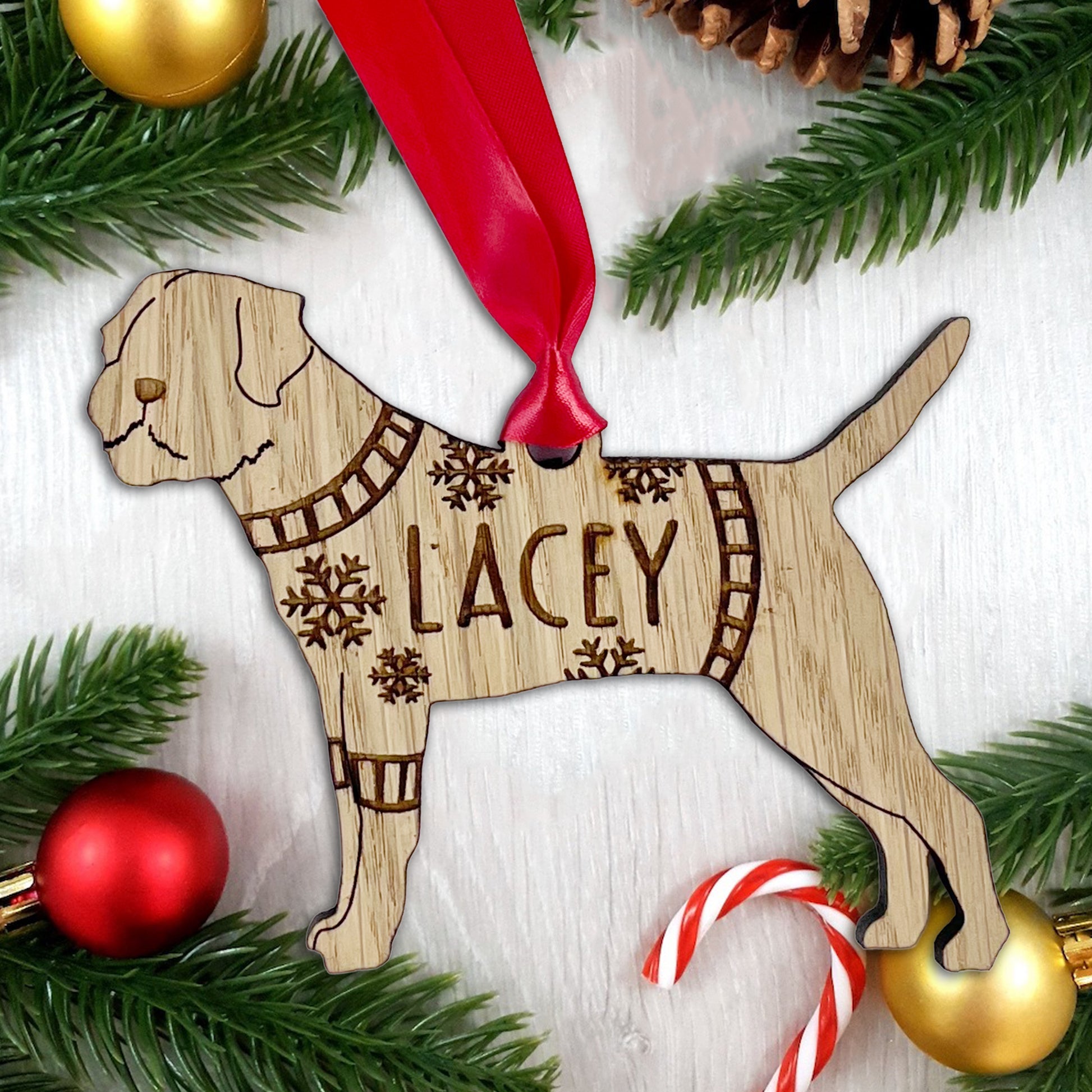 Personalised Border Terrier Bauble Jumper Dog Bauble - Oak Veneer Wood - Add any name