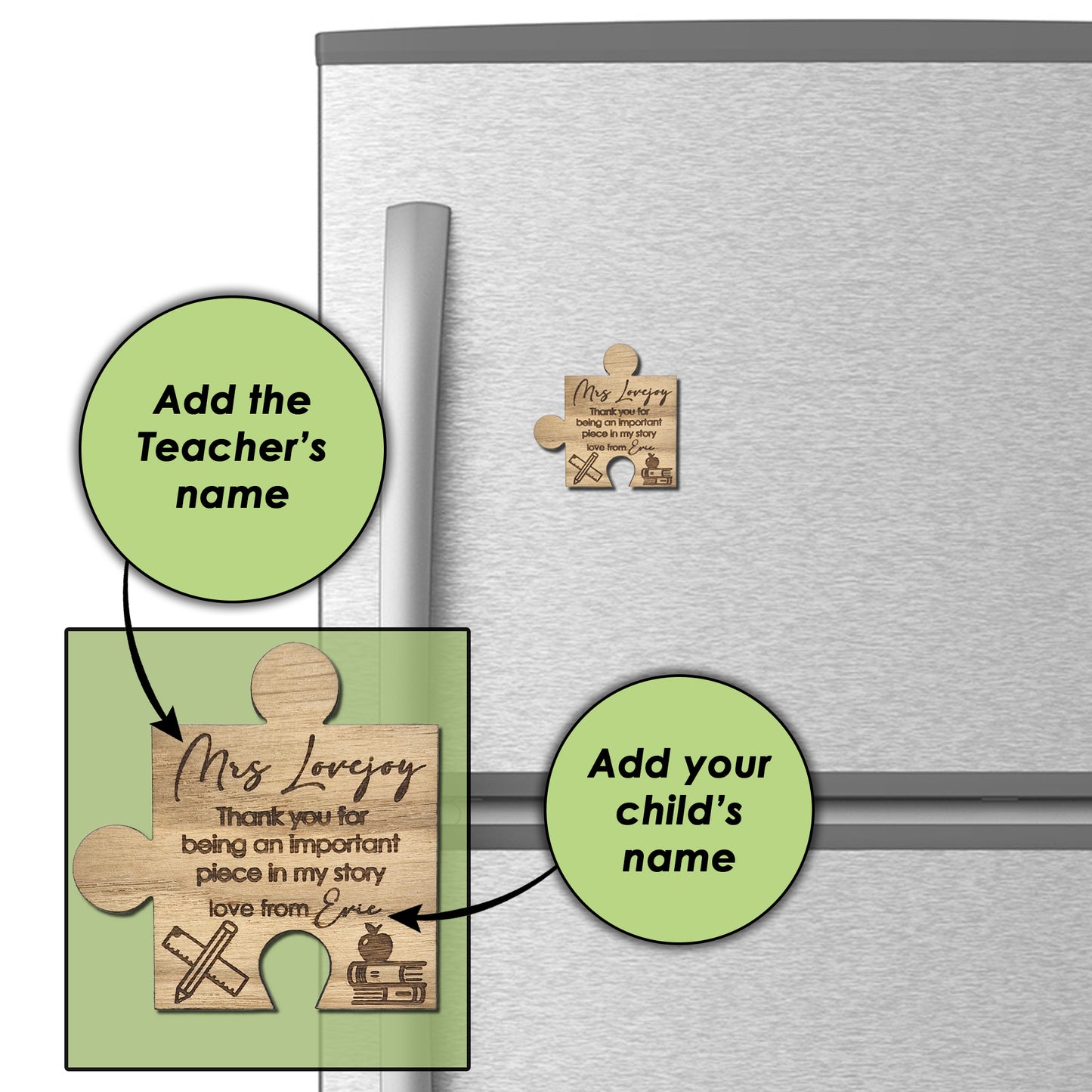 Personalised Thank you Teacher Magnet – Jigsaw Piece Teacher Gift with Apple, Books & Pencil Motif – Custom Name Fridge Magnet Keepsake