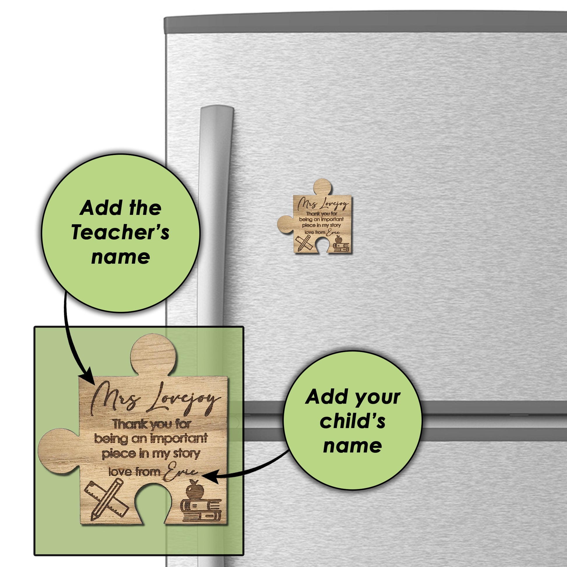 Personalised Thank you Teacher Magnet – Jigsaw Piece Teacher Gift with Apple, Books & Pencil Motif – Custom Name Fridge Magnet Keepsake