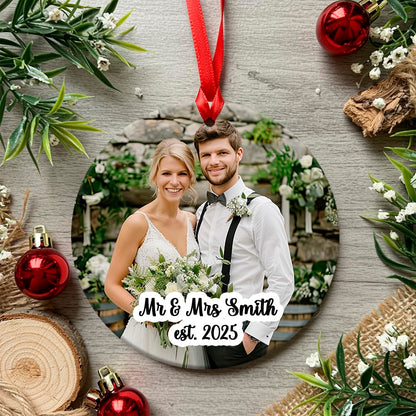 Newly Weds Mr and Mrs Wedding Photo Christmas 2025 Bauble - Acylic - Bride and Groom First Christmas Tree Xmas Hanging Decoration
