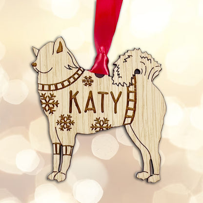 Personalised Eurasier Bauble Jumper Dog Bauble - Oak Veneer Wood - Add any name