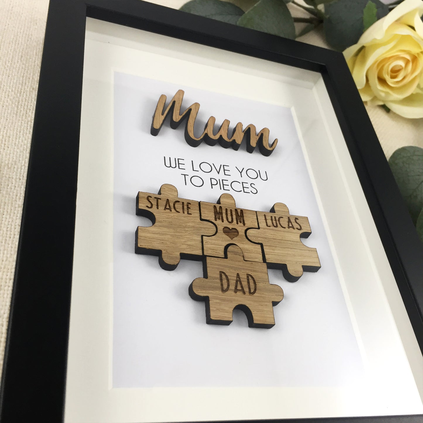 Personalised Mum / Mummy 'We Love You To Pieces' Wooden Mothers Day Christmas Birthday Puzzle Pieces Family Box Frame Add your family names