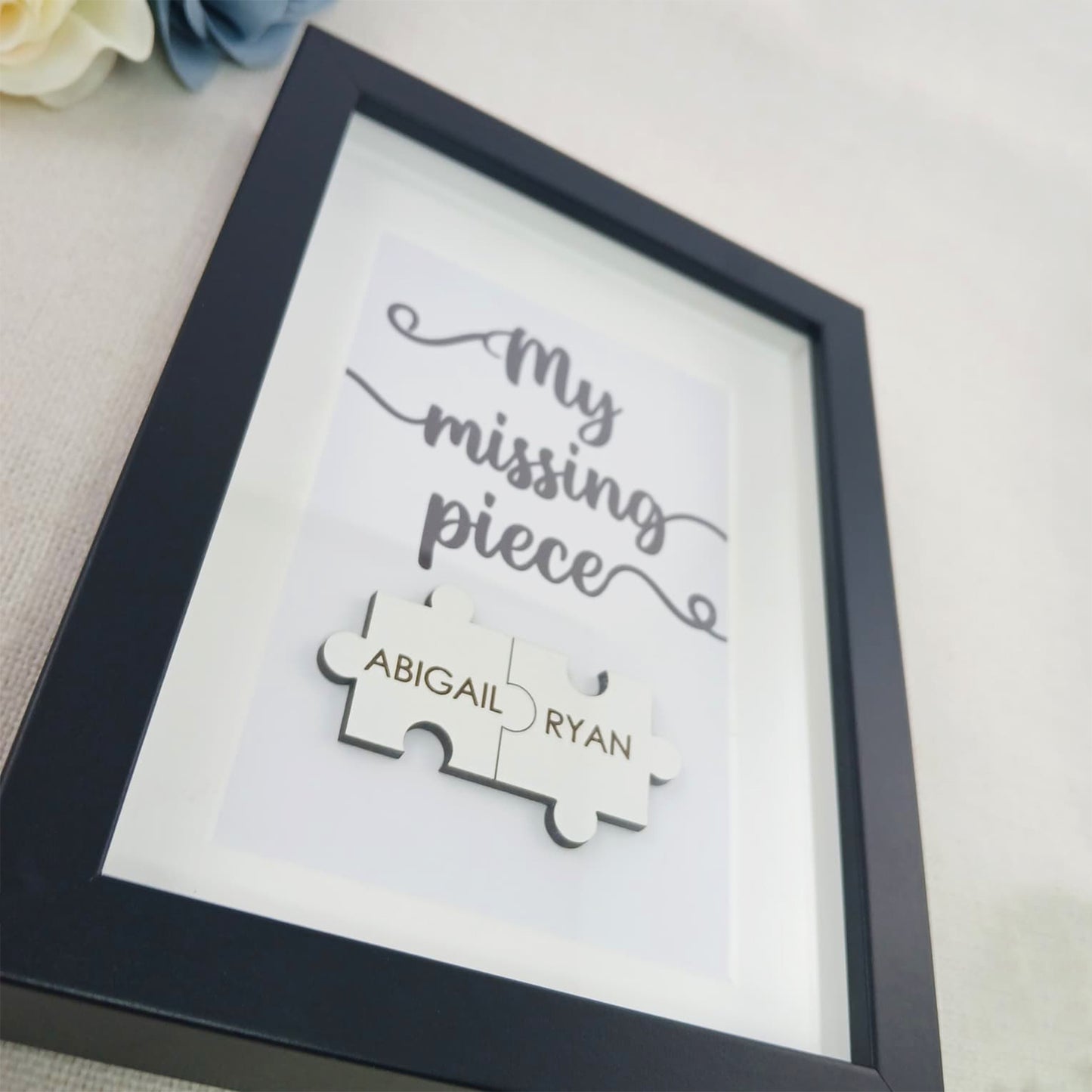 Personalised Wooden 'My Missing Piece' Valentine's Day Puzzle Pieces Couple Box Frame - Add your names - Anniversary or Birthday Gift