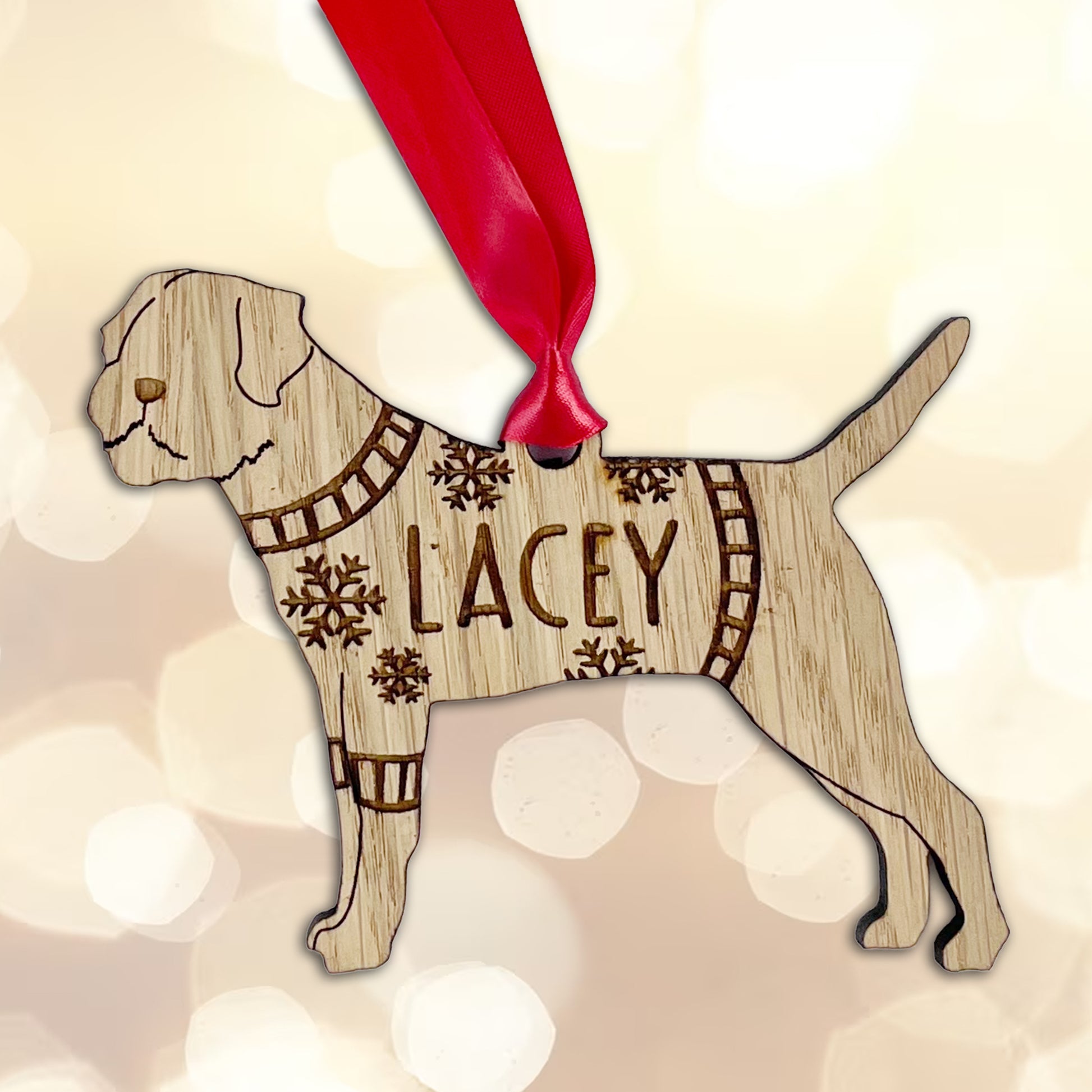 Personalised Border Terrier Bauble Jumper Dog Bauble - Oak Veneer Wood - Add any name