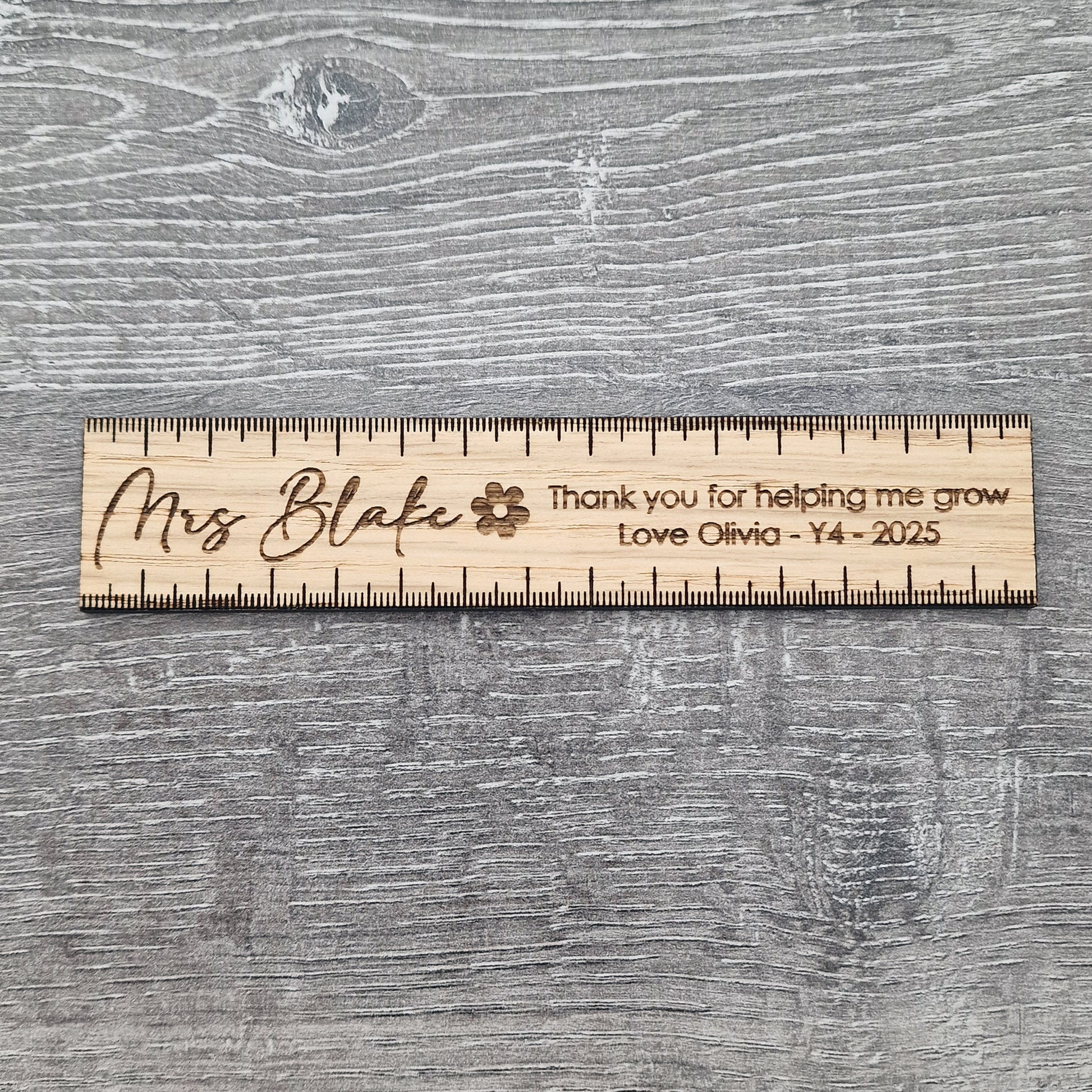 Personalised Wooden Teacher 15cm Ruler – Thank You for Helping Me Grow Gift – Engraved Name, Class & Year – Sustainable Oak or White Wood