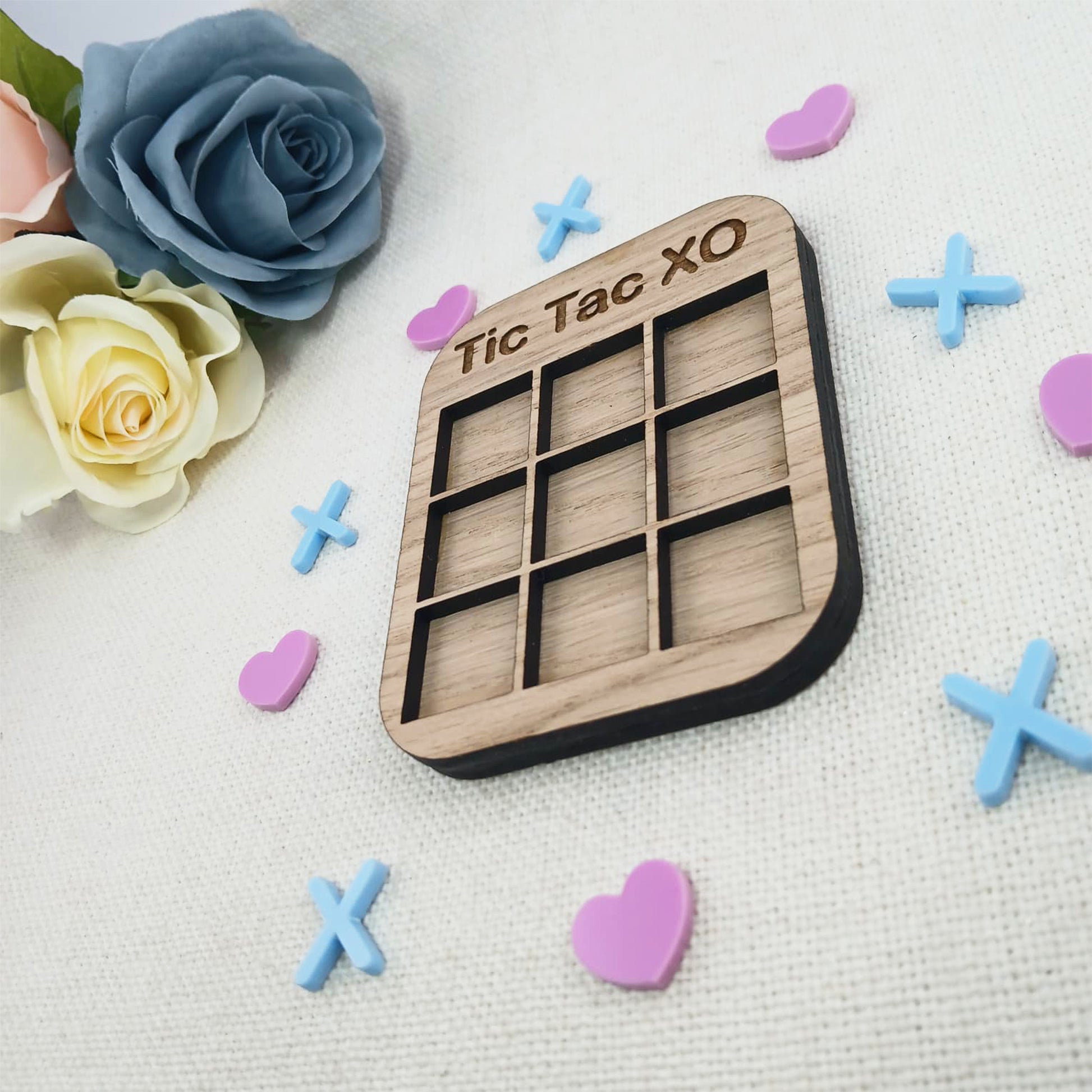 Tic Tac Toe Style Mini Board Game - Love Hearts and X's Valentine's Day Blue and Pink - Oak Wood and Acrylic - Anniversary - Birthday