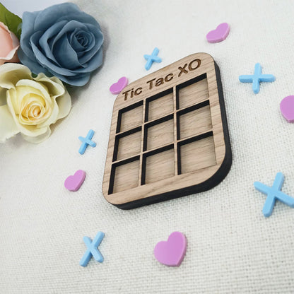Tic Tac Toe Style Mini Board Game - Love Hearts and X's Valentine's Day Blue and Pink - Oak Wood and Acrylic - Anniversary - Birthday